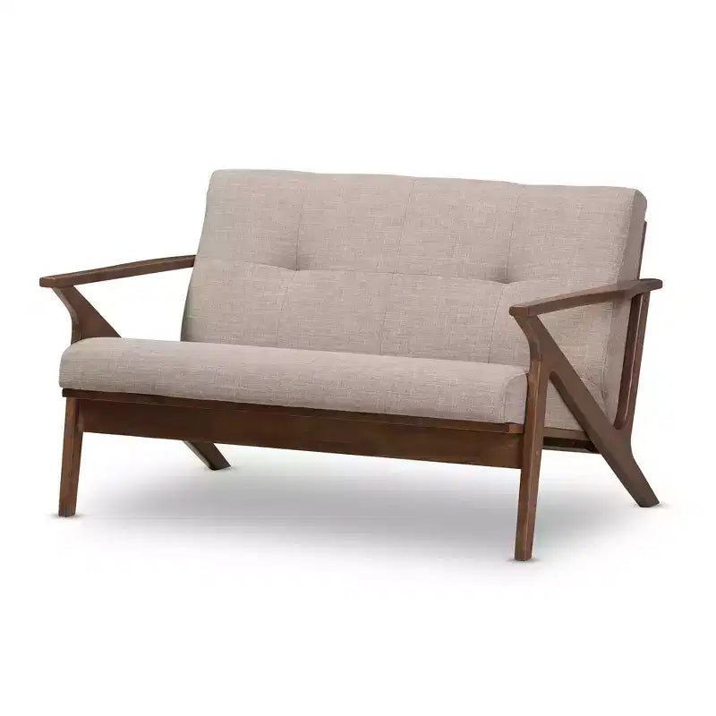 Bianca Mid-Modern Walnut Wood Fabric Tufted 2 Seater Loveseat Light Gray - Baxton Studio: Rubberwood Frame, Polyester Upholstery