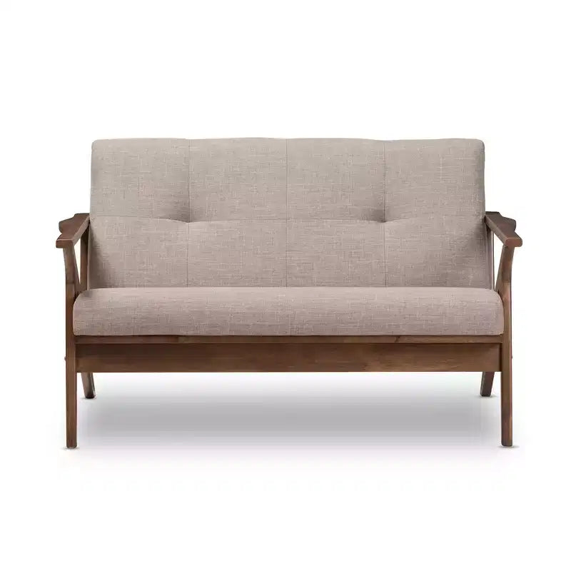 Bianca Divanetto Moderno Mid-Century in Legno di Noce e Tessuto con Trapuntatura a 2 Posti Grigio Chiaro - Baxton Studio: Struttura in Legno di Hevea, Rivestimento in Poliestere