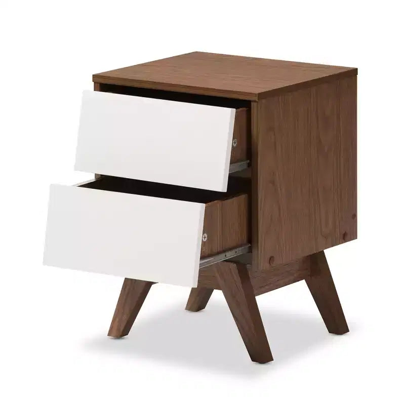 Comodino contenitore Hildon in legno in stile Mid-Century Modern con 2 cassetti: Gambe inclinate, Realizzato - Baxton Studio