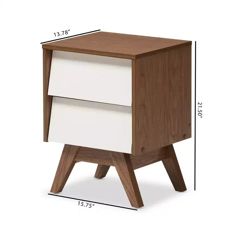 Comodino contenitore Hildon in legno in stile Mid-Century Modern con 2 cassetti: Gambe inclinate, Realizzato - Baxton Studio
