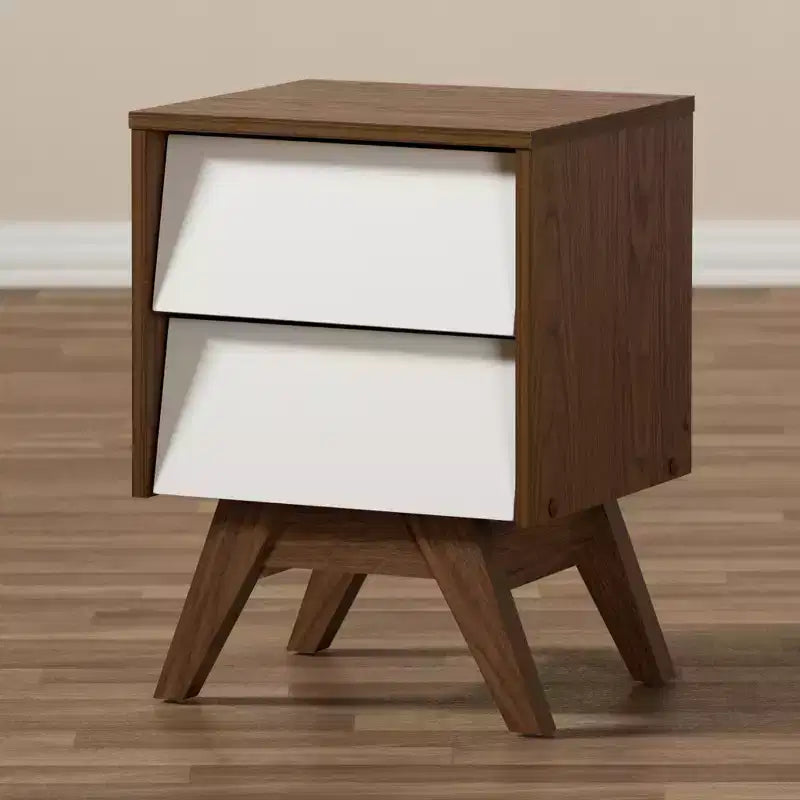 Comodino contenitore Hildon in legno in stile Mid-Century Modern con 2 cassetti: Gambe inclinate, Realizzato - Baxton Studio