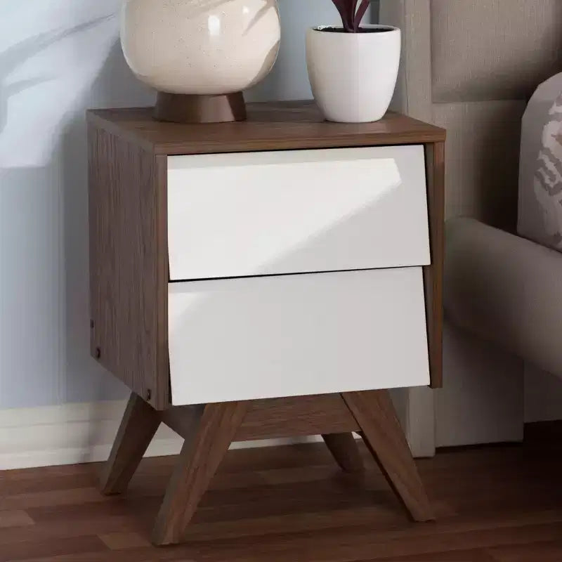 Comodino contenitore Hildon in legno in stile Mid-Century Modern con 2 cassetti: Gambe inclinate, Realizzato - Baxton Studio