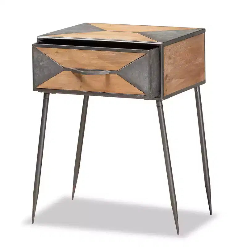 Comodino Laurel in metallo e legno a 1 cassetto grigio/marrone - Baxton Studio: Comodino contemporaneo con contenitore