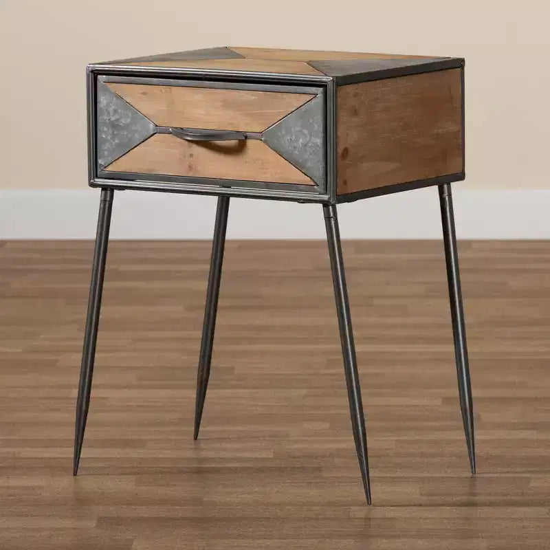 Comodino Laurel in metallo e legno a 1 cassetto grigio/marrone - Baxton Studio: Comodino contemporaneo con contenitore