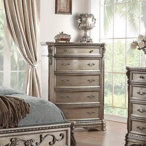 42" Northville Chest Antique Silver - Acme Furniture: 5-Drawer Wood Storage, Metal Glides, No Assembly Required