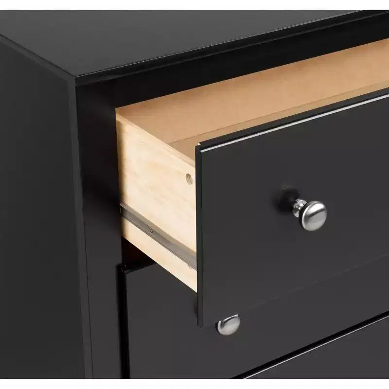 Cassettiera a 5 cassetti Prepac nera: stile di transizione, finitura satinata, ferramenta nichelata, contenitore per camera da letto