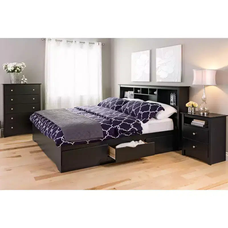 Cassettiera a 5 cassetti Prepac nera: stile di transizione, finitura satinata, ferramenta nichelata, contenitore per camera da letto