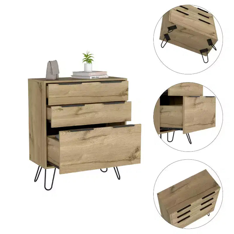 Elfriede Cassettiera Rovere Chiaro - Boahaus: Gambe in Metallo, Laminato in Legno, Design Salvaspazio, Altezza 91 cm