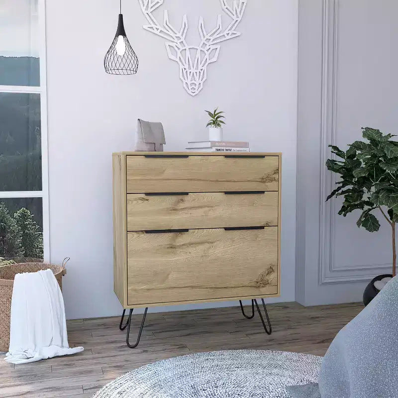 Elfriede Cassettiera Rovere Chiaro - Boahaus: Gambe in Metallo, Laminato in Legno, Design Salvaspazio, Altezza 91 cm