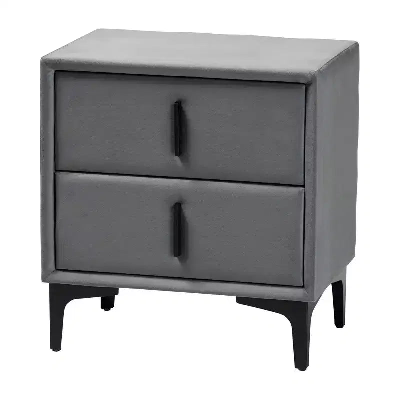 Comodino Baxton Studio Etienne in velluto grigio ardesia/nero con 2 cassetti