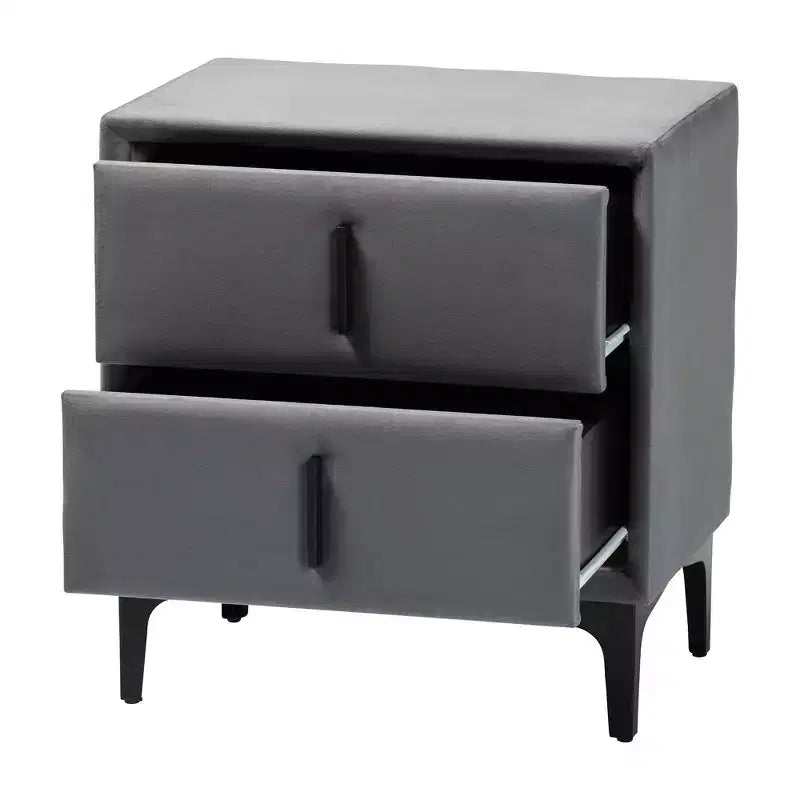 Comodino Baxton Studio Etienne in velluto grigio ardesia/nero con 2 cassetti