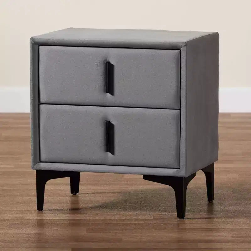 Comodino Baxton Studio Etienne in velluto grigio ardesia/nero con 2 cassetti