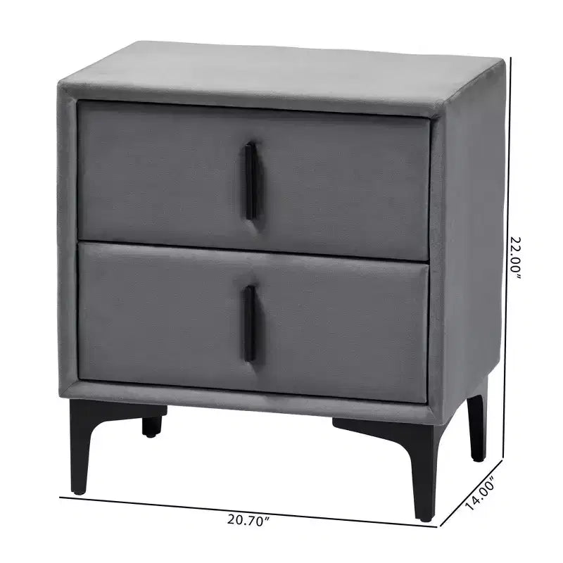 Comodino Baxton Studio Etienne in velluto grigio ardesia/nero con 2 cassetti