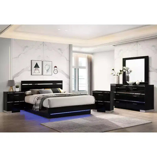 Ensemble de chambre Cavatao Eastern King 5 pièces avec éclairage LED Noir/Chrome - miBasics : Meubles Modernes, Accents Chromés