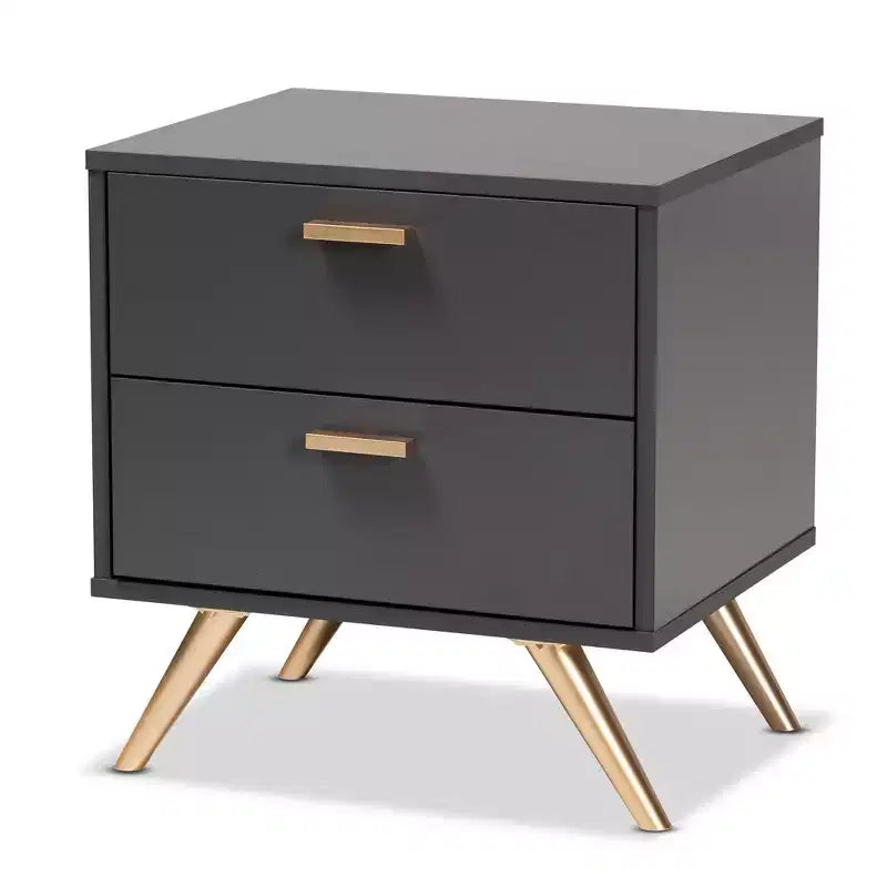 Kelson Wood 2 Drawer Nightstand Dark Gray/Gold - Baxton Studio: Modern Bedside Furniture, Gold-Tone Legs