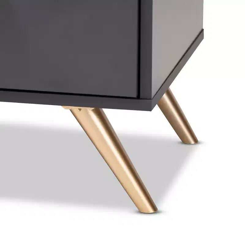 Kelson Wood Comodino a 2 Cassetti Grigio Scuro/Oro - Baxton Studio: Mobile Comodino Moderno, Gambe Tonalità Oro