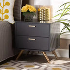 Kelson Wood Comodino a 2 Cassetti Grigio Scuro/Oro - Baxton Studio: Mobile Comodino Moderno, Gambe Tonalità Oro