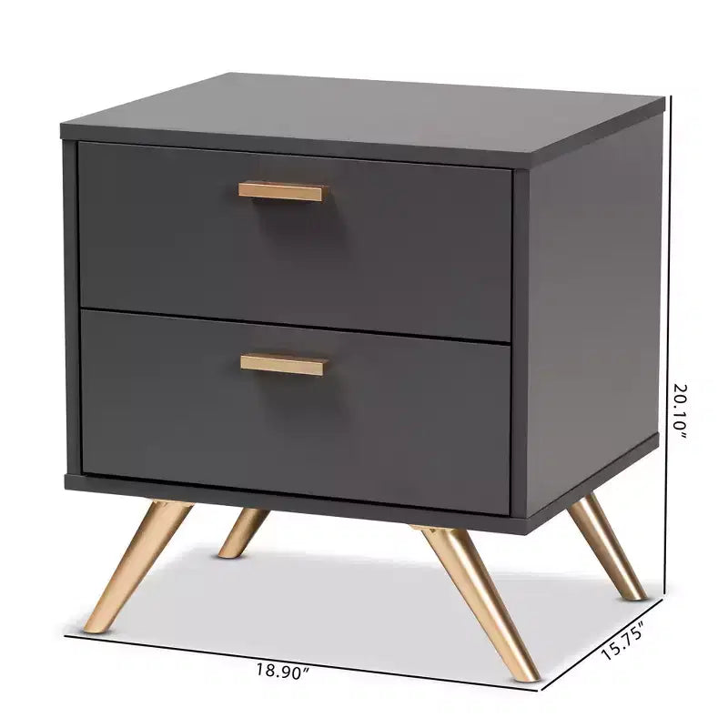 Kelson Wood Comodino a 2 Cassetti Grigio Scuro/Oro - Baxton Studio: Mobile Comodino Moderno, Gambe Tonalità Oro