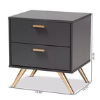 Kelson Wood Comodino a 2 Cassetti Grigio Scuro/Oro - Baxton Studio: Mobile Comodino Moderno, Gambe Tonalità Oro