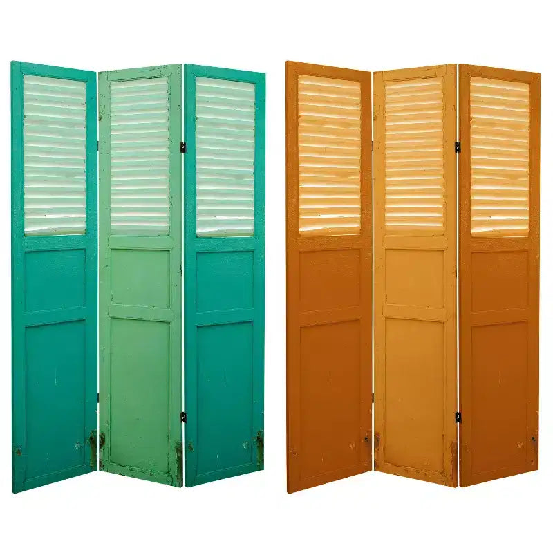 6" Double Sided Distressed Door Panel Canvas Room Divider Green - Oriental Furniture
