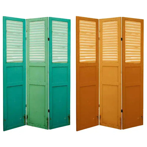 6" Double Sided Distressed Door Panel Canvas Room Divider Green - Oriental Furniture