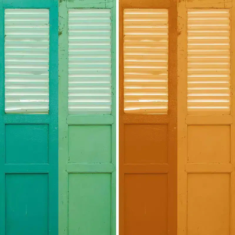 Separatore ambiente a 6 ante con tela doppia faccia effetto invecchiato e pannello per porta, colore verde - Oriental Furniture
