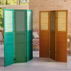 Separatore ambiente a 6 ante con tela doppia faccia effetto invecchiato e pannello per porta, colore verde - Oriental Furniture