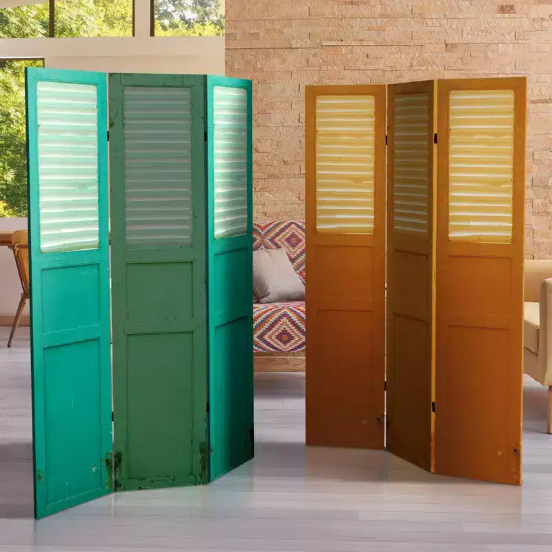 Separatore ambiente a 6 ante con tela doppia faccia effetto invecchiato e pannello per porta, colore verde - Oriental Furniture