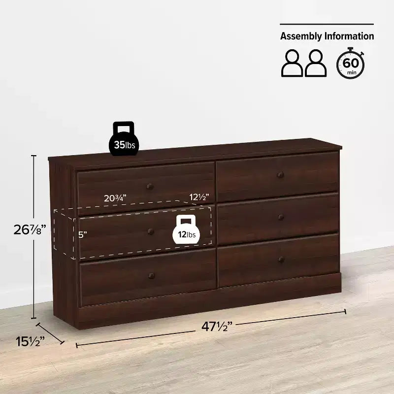 Cassettiera doppia a 6 cassetti Prepac Astrid da 26,85" per camera da letto, cassettiera larga, mobili da camera da letto Espresso