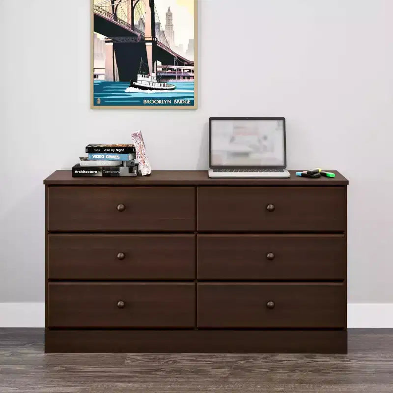 Cassettiera doppia a 6 cassetti Prepac Astrid da 26,85" per camera da letto, cassettiera larga, mobili da camera da letto Espresso