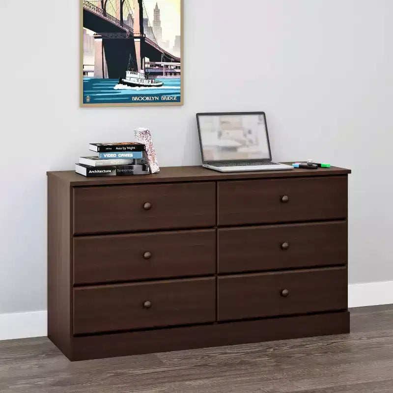 Cassettiera doppia a 6 cassetti Prepac Astrid da 26,85" per camera da letto, cassettiera larga, mobili da camera da letto Espresso