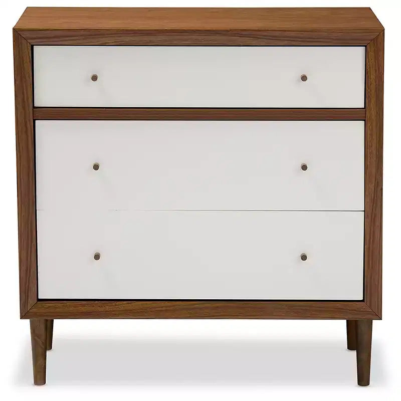 Baxton Studio Harlow Cassettiera 3 cassetti in legno, stile scandinavo moderno di metà secolo, bianco/noce: Struttura in legno di gomma, pulire a chiazze