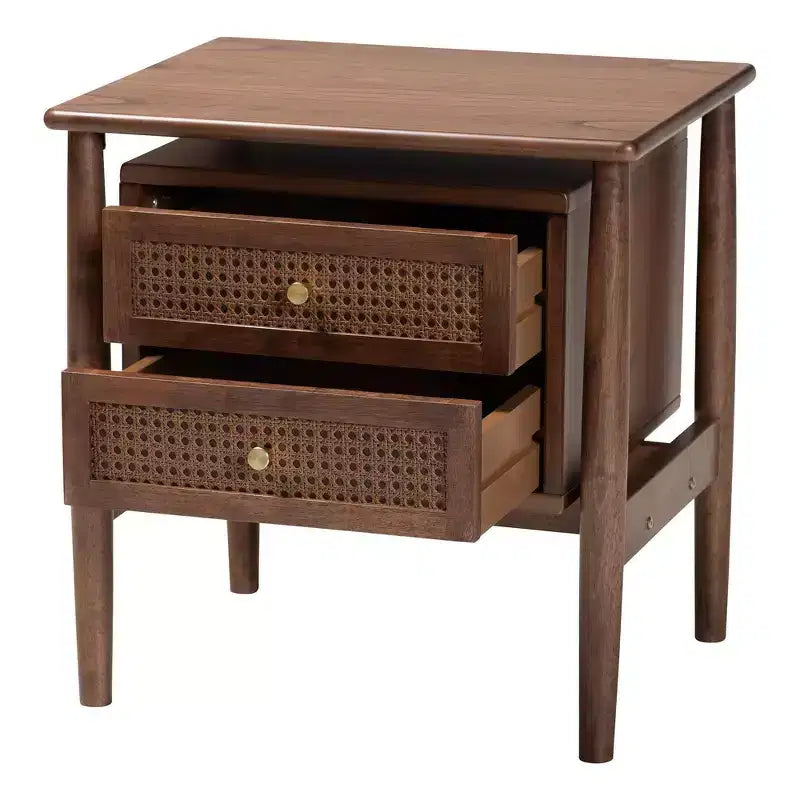 Baxton Studio Comodino Alyssa in Legno con 2 Cassetti e Rattan Intrecciato Marrone Noce