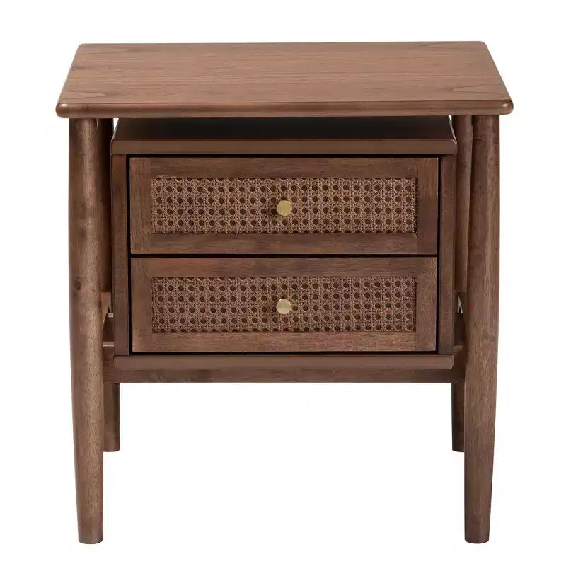 Baxton Studio Comodino Alyssa in Legno con 2 Cassetti e Rattan Intrecciato Marrone Noce