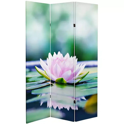 Paravent Toile Double Face Fleur de Lotus Verte 180 cm - Meubles Orientaux : Séparateur de Pièce Réglable 3 Panneaux, Cadre en Bois d'Épicéa