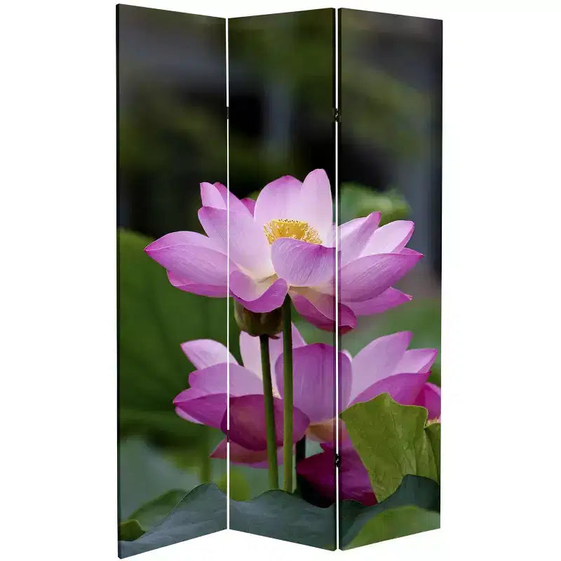 Divisorio Paravento a 3 Pannelli in Tela con Fiori di Loto Double Face Verde da 183 cm - Oriental Furniture: Paravento Regolabile per la Privacy, Cornice in Legno di Abete