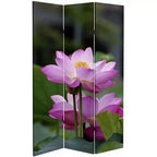 Divisorio Paravento a 3 Pannelli in Tela con Fiori di Loto Double Face Verde da 183 cm - Oriental Furniture: Paravento Regolabile per la Privacy, Cornice in Legno di Abete
