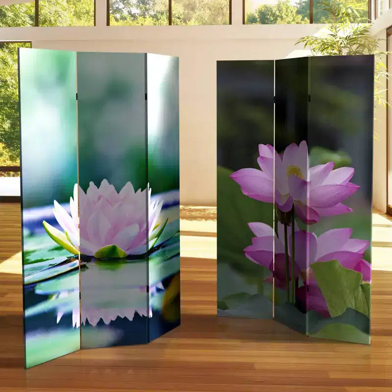 Divisorio Paravento a 3 Pannelli in Tela con Fiori di Loto Double Face Verde da 183 cm - Oriental Furniture: Paravento Regolabile per la Privacy, Cornice in Legno di Abete