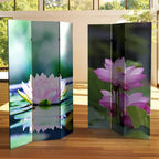 Divisorio Paravento a 3 Pannelli in Tela con Fiori di Loto Double Face Verde da 183 cm - Oriental Furniture: Paravento Regolabile per la Privacy, Cornice in Legno di Abete