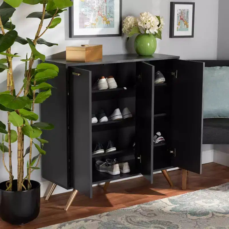Mobiletto Kelson Wood a 3 ante grigio scuro/oro - Baxton Studio: Organizer da ingresso con 4 ripiani