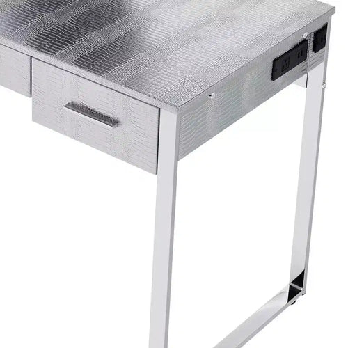 Tavolo da toeletta Myles da 50" bianco antico, finitura cromata - Acme Furniture: Presa integrata, USB, contenitore