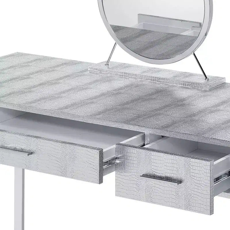 Tavolo da toeletta Myles da 50" bianco antico, finitura cromata - Acme Furniture: Presa integrata, USB, contenitore