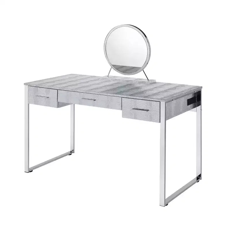 Tavolo da toeletta Myles da 50" bianco antico, finitura cromata - Acme Furniture: Presa integrata, USB, contenitore