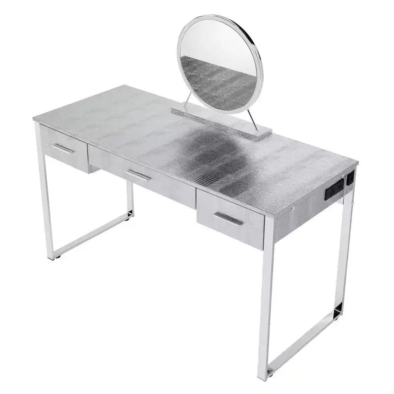 Tavolo da toeletta Myles da 50" bianco antico, finitura cromata - Acme Furniture: Presa integrata, USB, contenitore
