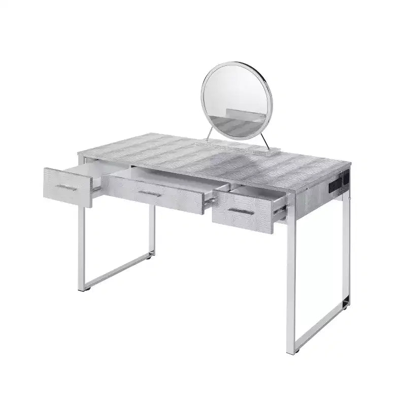 Tavolo da toeletta Myles da 50" bianco antico, finitura cromata - Acme Furniture: Presa integrata, USB, contenitore