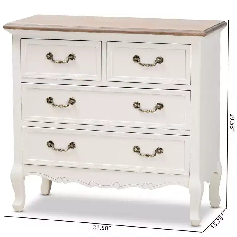 Cassettiera 4 cassetti Amalie Bianco/Rovere - Baxton Studio: Stile provenzale, Maniglie in ottone, Completamente assemblato