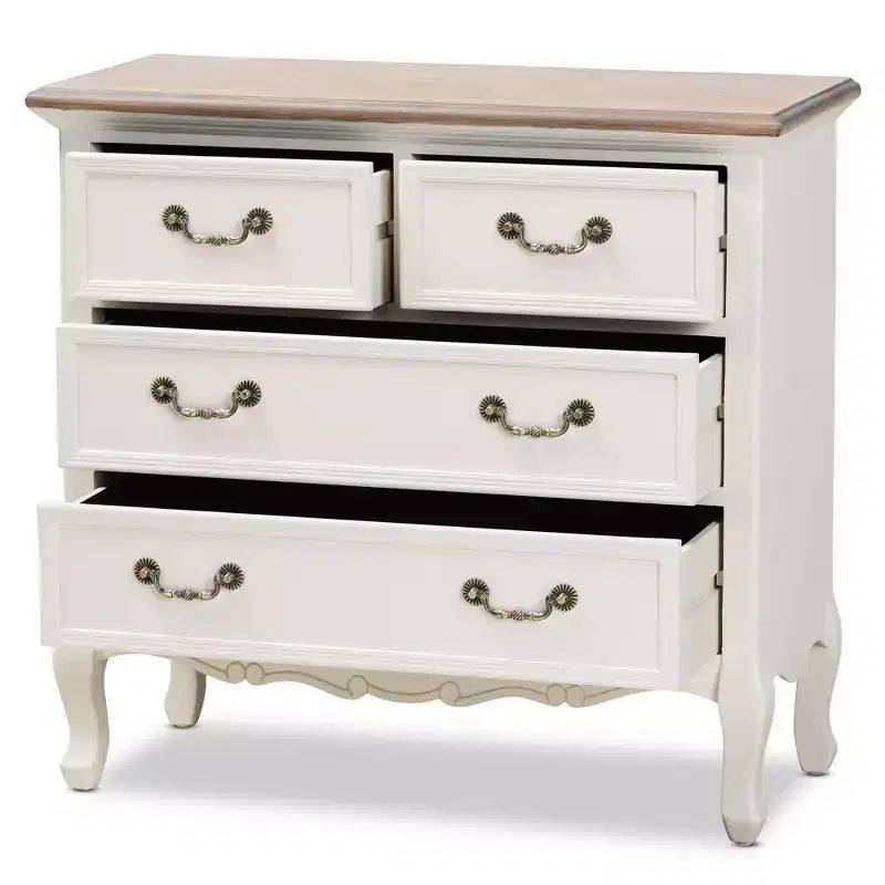 Cassettiera 4 cassetti Amalie Bianco/Rovere - Baxton Studio: Stile provenzale, Maniglie in ottone, Completamente assemblato