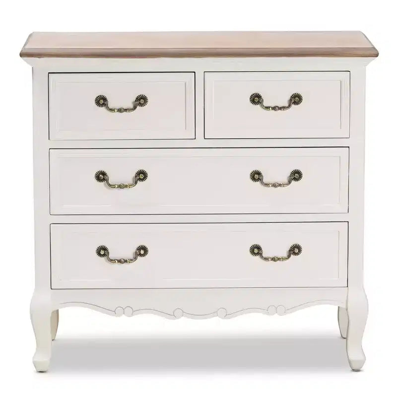 Cassettiera 4 cassetti Amalie Bianco/Rovere - Baxton Studio: Stile provenzale, Maniglie in ottone, Completamente assemblato