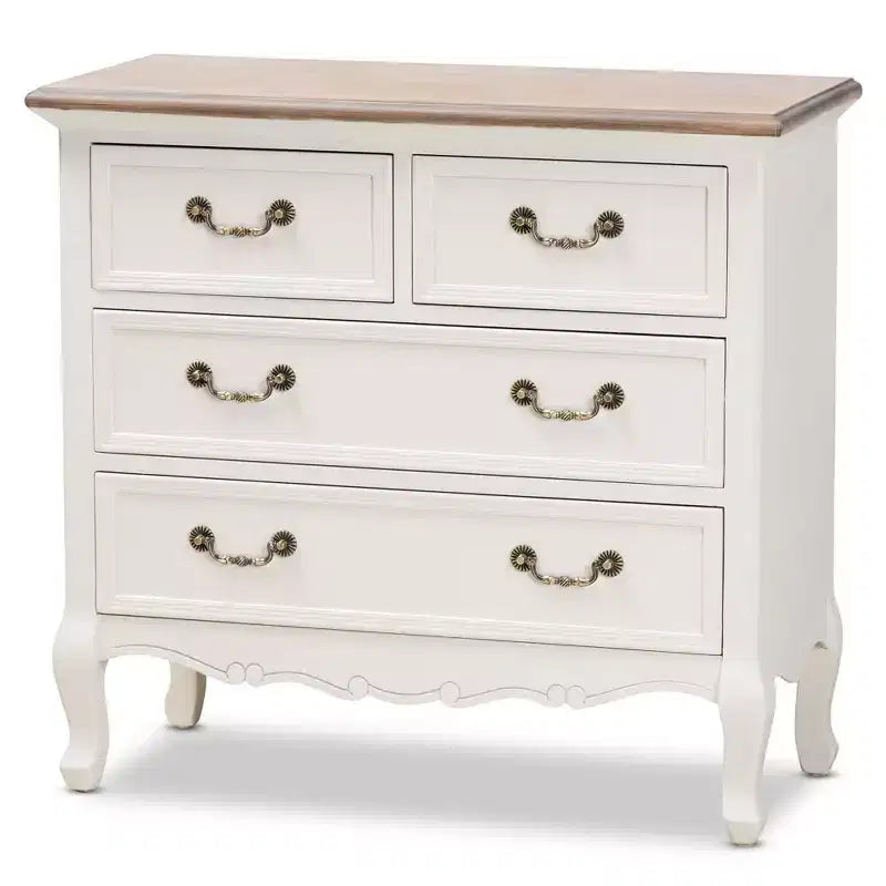 Cassettiera 4 cassetti Amalie Bianco/Rovere - Baxton Studio: Stile provenzale, Maniglie in ottone, Completamente assemblato