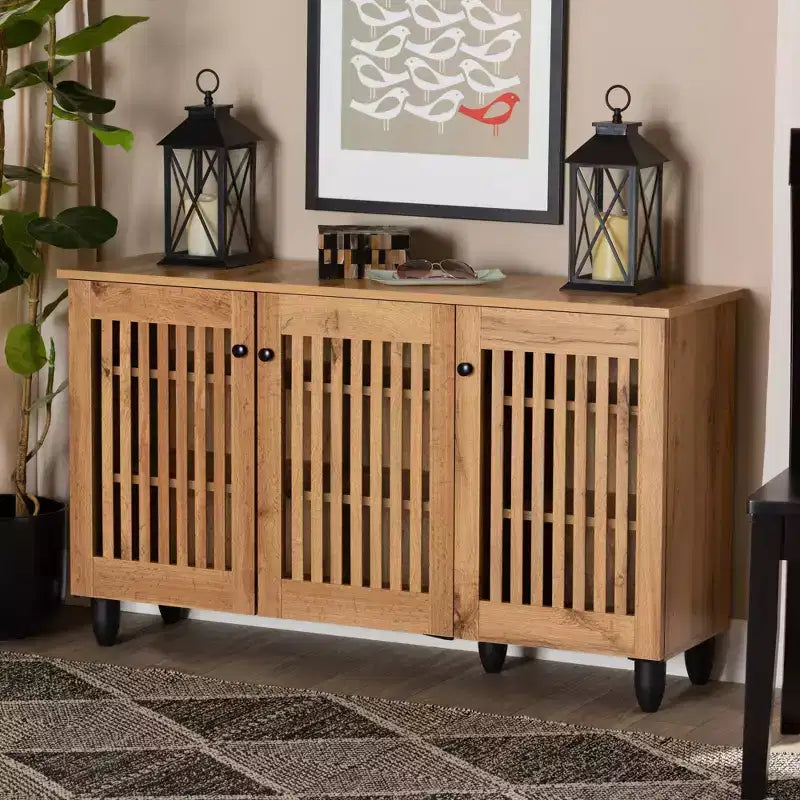 Baxton Studio Fernanda Mobile a 3 ante in legno Rovere Marrone/Nero: Ripiani fissi, Scarpiera, Mobile contenitore a 6 ripiani